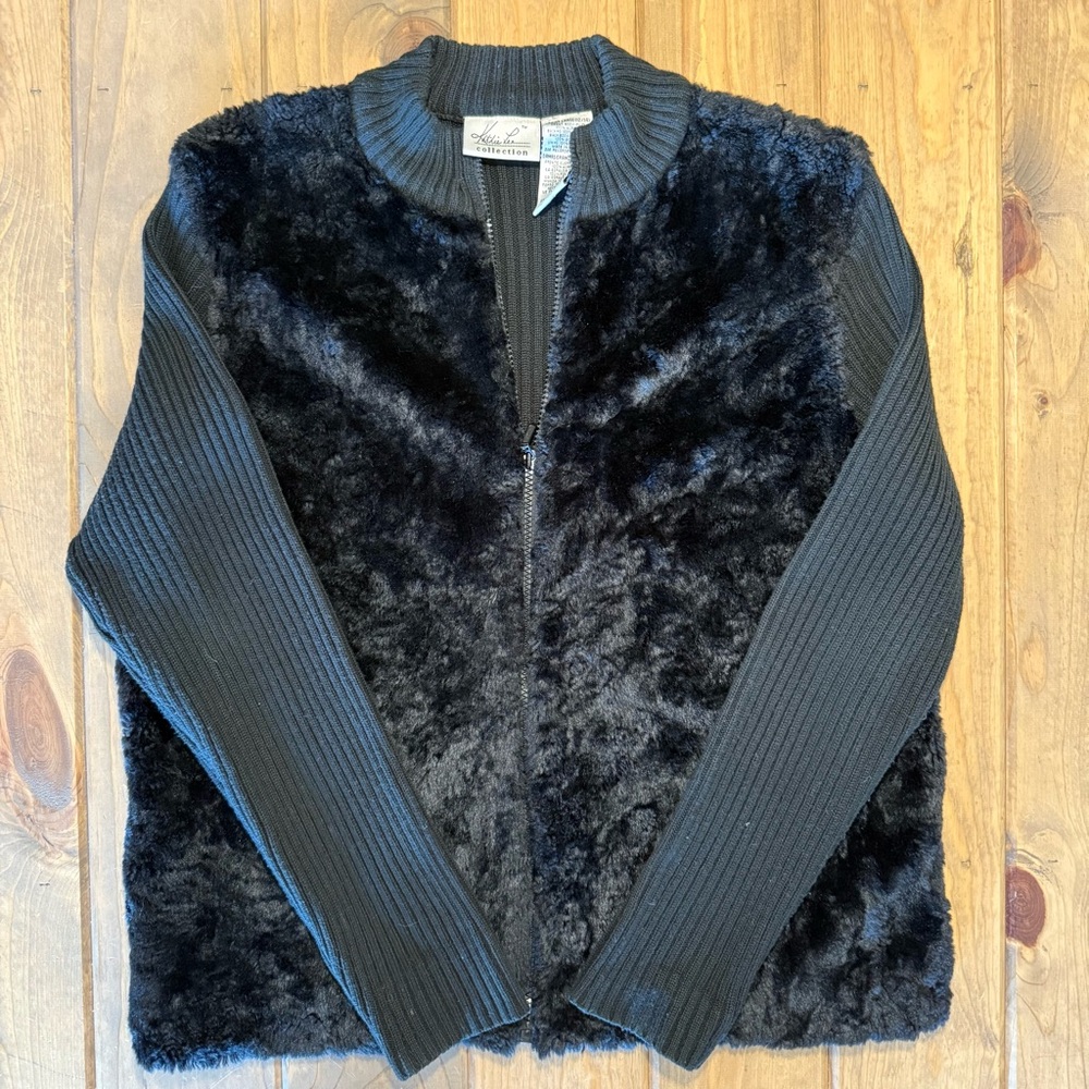 Kathie Lee Collection Black Zip Up Sweater with Faux Fur